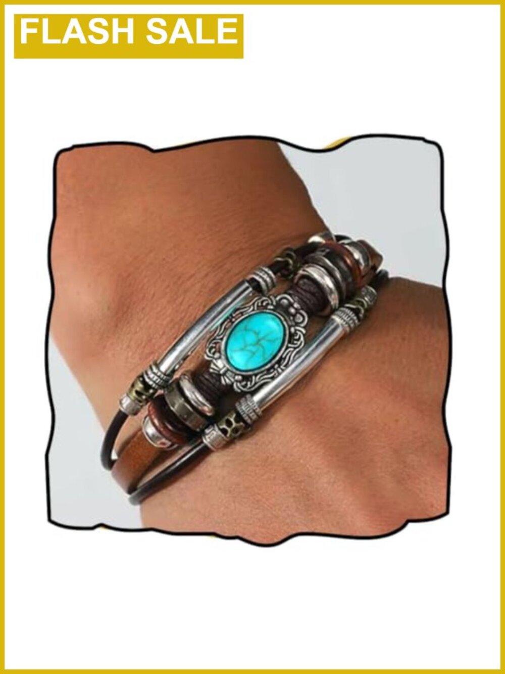 Leather Wrap Bracelet Women Boho Multi-Layer Turquoise Stone Silver Beads